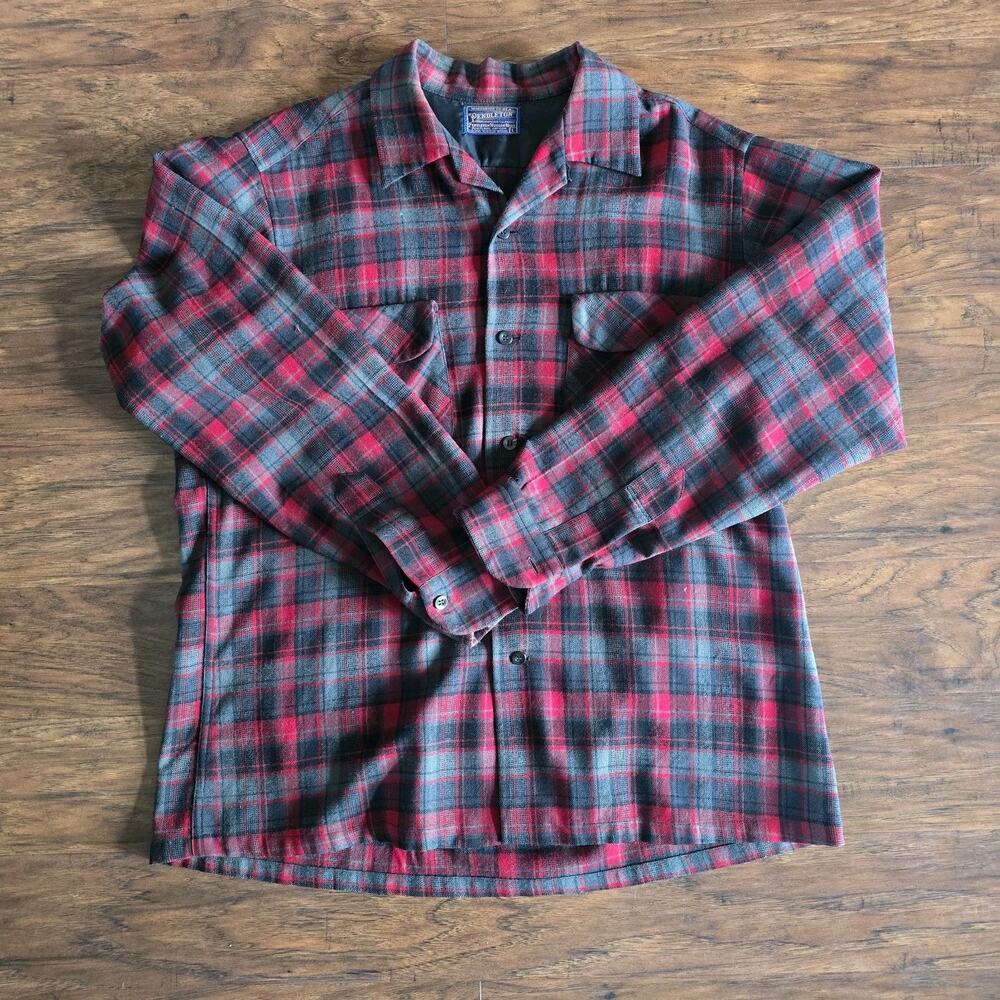 Vintage Pendleton Wool Board Shirt Mens Large Red Gray Plaid USA Virgin Wool